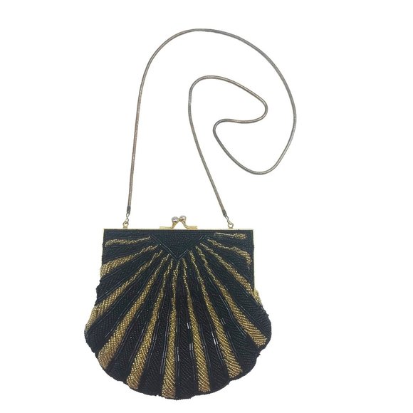 unbranded Handbags - Beaded Clutch Or Crossbody Bag Formal Black & Gold 7 X 7 Sp